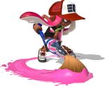  1girl 3d absurdres bare_arms baseball_cap bike_shorts black_shirt dynamic_pose eye_mask facing_to_the_side full_body gradient_hair hat highres holding holding_weapon hunched_over ink_tank_(splatoon) inkbrush_(splatoon) inkling inkling_girl inkling_player_character laura_(splatoon) long_hair looking_ahead multicolored_hair official_art orange_eyes pink_hair shirt shoelaces shoes short_eyebrows short_hair_with_long_locks sidelocks smile solo splatoon_(series) splatoon_1 spotted_hair suction_cups t-shirt tentacle_hair thick_eyebrows transparent_background two-tone_hair weapon white_shoes 