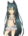  1girl alchemist_(ragnarok_online) alternate_costume animal_ears bikini black_hair blush cat_ears cat_girl chestnut_mouth commentary_request cowboy_shot flat_chest green_eyes long_hair looking_at_viewer meiko_(nattu303) navel open_mouth ragnarok_online simple_background skirt solo swimsuit very_long_hair white_background white_bikini white_skirt 