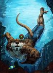  blue_eyes brown_fur brown_nose changer-the-elder fur male mammal mustelid otter solo topless underwater water 