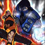  2boys bare_arms breath chinese_text clenched_hands cold cryokinesis fire glowing glowing_eyes johnnie looking_at_viewer lowres mask mortal_kombat_(series) mouth_mask multiple_boys muscular muscular_male ninja_mask no_pupils posing pyrokinesis scorpion_(mortal_kombat) sleeveless sub-zero 
