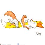 3_toes anthro black_nose braixen brown_body brown_fur canid canine canis domestic_dog duo eyes_closed feet female female/female feral fur generation_6_pokemon hi_res hug lying lying_on_another lying_on_ground mammal nintendo on_back on_front on_ground patreon patreon_logo patreon_username pokemon pokemon_(species) red_nose smile smiling_at_another smiling_at_each_other text the_queen&#039;s_corgi toes traditional_media_(artwork) url wanda_(the_queen&#039;s_corgi) yellow_body yellow_fur yordraw