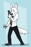  2025 anthro belt bolt_(bolt) bolt_(film) bottomwear canid canine canis clothing digital_drawing_(artwork) digital_media_(artwork) disney domestic_dog footwear fur gun hi_res holding_object holding_weapon lightning_bolt male mammal necktie pants ranged_weapon shirt shoes simple_background solo tail topwear verquilion weapon white_body white_fur 
