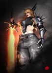  1girl absurdres armor blonde_hair blue_eyes breasts denim gloves highres holding holding_sword holding_weapon jeans long_hair magik_(x-men) marvel marvel_rivals pants shibewave solo spikes sword weapon x-men 