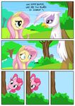  avian blue_eyes brown_eyes comic dialog english_text equine female feral fluttershy_(mlp) friendship_is_magic gilda_(mlp) group gryphon hair horse long_hair mammal my_little_pony mysticalpha outside pink_hair pinkie_pie_(mlp) pony scared stalking text tree wings 