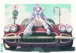 1girl amiya_aranha arm_up arthropod_girl arthropod_limbs bandaid bandaid_on_leg baronilu braid car chevrolet_corvette chevrolet_corvette_c1 clothing_cutout cloud cloudy_sky commission detached_sleeves dress extra_eyes frilled_hairband frills from_below full_body hair_lift hairband highres indie_virtual_youtuber lamppost long_hair looking_at_viewer loose_socks motor_vehicle on_car outdoors purple_eyes purple_hair purple_shoes red_car shoes shoulder_cutout side_braids sitting sky socks solo spider_girl thighs virtual_youtuber white_dress white_socks 