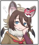  1girl animal_ears bat_ears bat_girl bat_wings blonde_hair blue_eyes blush brown_hair fang fur_collar green_shirt hair_between_eyes head_on_hand hilgendorf&#039;s_tube-nose_bat_(kemono_friends) kemono_friends long_sleeves looking_at_viewer mask mask_on_head multicolored_hair neckerchief purple_sleeves red_neckerchief sailor_collar school_uniform serafuku shirt short_hair sidelocks smile solo suiuusuiu tengu_mask white_fur wings 