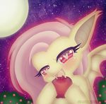  &lt;3 &lt;3_eyes apple bakacreationz bat_pony blush bushes cute equine eyelashes fangs female feral flutterbat_(mlp) fluttershy_(mlp) friendship_is_magic fruit fur glowing hair horse looking_at_viewer mammal moon my_little_pony night open_mouth outside pegasus pink_hair pony red_eyes saliva sky solo stars tongue wings yellow_fur young 