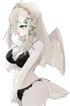  1girl absurdres beak bird_girl bird_tail black_bra black_panties bra braid breasts bright_pupils cowboy_shot cross-shaped_pupils enamika feathered_wings flower from_side furry furry_female gold_hairband grey_eyes hair_between_eyes hair_flower hair_ornament hairband half_up_braid highres lace-trimmed_bra lace-trimmed_panties lace_trim large_breasts long_hair long_sidelocks open_mouth original panties sidelocks simple_background solo symbol-shaped_pupils tail underwear underwear_only white_background white_fur white_hair white_pupils white_wings wings 