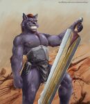 anthro armor balls blue_eyes brown_hair canid canine cheek_tuft clothed clothing facial_tuft fangs front_view genitals glistening glistening_eyes grey_body grin hair hi_res holding_melee_weapon holding_object holding_sword holding_weapon looking_at_viewer male male_anthro mammal melee_weapon muscular muscular_anthro muscular_male narrowed_eyes pecs satanic_monkey short_hair smile solo standing sword teeth topless tuft vein veiny_muscles weapon white_balls