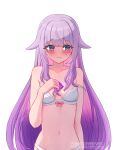  1girl blush bow bow_bra bra breasts closed_mouth gem gradient_hair highres hololive hololive_english jewel_under_eye koseki_bijou multicolored_hair navel pink_hair purple_eyes purple_gemstone purple_hair shiroyumin simple_background small_breasts solo strap_slip underwear virtual_youtuber white_background white_bra 