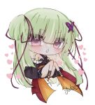  1girl bare_shoulders black_kimono black_skirt blunt_bangs blunt_ends blush brown_sandals butterfly_hair_ornament chibi chibi_only commentary_request criss-cross_halter eyes_visible_through_hair full_body hair_ornament hair_ribbon halterneck heart heart_in_eye highres hime_cut japanese_clothes judas_gundam kimono knees_together_feet_apart long_hair long_ribbon long_sleeves looking_at_viewer miniskirt murasame_(senren) open_mouth panties pink_eyes pleated_skirt pom_pom_(clothes) red_ribbon red_sash ribbon sandals sash senren_banka sidelocks signature simple_background sitting skirt solo straight_hair symbol_in_eye two_side_up underwear v-shaped_eyebrows very_long_hair white_background white_panties wide_sleeves 