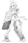  1girl absurdres ahoge beretta_1301 blue_archive chest_harness closed_mouth collared_shirt fingerless_gloves full_moon gloves greyscale gun halo harness highres holding holding_gun holding_weapon hoshino_(blue_archive) long_hair long_necktie long_sleeves looking_at_viewer monochrome moon necktie pleated_skirt school_uniform shirt shoes shotgun simple_background sketch skirt sneakers socks solo standing umashio_potechi-san very_long_hair weapon white_background 