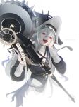  1girl :d arknights black_dress black_hat blood blood_on_face blood_on_hat breasts chinese_commentary cleavage commentary dress grey_hair grey_thighhighs hair_between_eyes hand_on_own_cheek hand_on_own_face hat highres holding holding_weapon long_hair long_sleeves looking_at_viewer open_mouth pink_blood pink_eyes shangzi_(wangmoran) smile solo specter_(arknights) specter_the_unchained_(arknights) standing teeth thighhighs two-sided_fabric two-sided_headwear upper_teeth_only weapon white_hat 