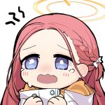  1girl absurdres ball_hands blue_archive blush bow braid bright_pupils chinese_commentary commentary forehead hair_behind_ear hair_bow halo highres jacket long_hair looking_at_viewer multicolored_jacket nose_blush one_side_up open_mouth orange_jacket pinko_(oknip) portrait power_symbol purple_eyes red_hair shout_lines simple_background single_braid solo tearing_up wavy_mouth white_background white_bow white_jacket white_pupils yellow_halo yuzu_(blue_archive) 
