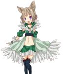  1girl animal_ears black_thighhighs blush brown_hair cat_ears cat_girl coat commentary_request double_bun feet_out_of_frame fur-trimmed_coat fur_trim green_coat green_skirt hair_bun lace-trimmed_thighhighs lace_trim looking_at_viewer meiko_(nattu303) midriff miniskirt navel open_mouth purple_eyes ragnarok_online shadow_chaser_(ragnarok_online) short_hair simple_background skirt smile solo thighhighs white_background 