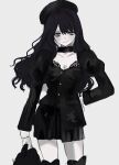  1girl akai_ringo_(eveyuno) choker hand_on_own_hip highres light_smile long_hair long_sleeves looking_at_viewer original pleated_skirt skirt standing white_background 