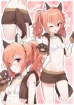  1girl :3 :q ;d absurdres animal_ear_fluff animal_ear_hairband animal_ears animal_hands back bare_shoulders blush boots border bra breasts brown_boots brown_hairband brown_skirt brown_vest chain chain_necklace charo_(meme) closed_mouth collarbone commentary covered_nipples cowboy_shot eyes_visible_through_hair fake_animal_ears fake_tail fur-trimmed_gloves fur_trim gloves groin hair_between_eyes hairband halloween_costume hands_up happy heart highres inaba_meguru jewelry lcz long_hair looking_at_viewer meme miniskirt multiple_views navel necklace official_alternate_costume official_alternate_hairstyle one_eye_closed open_clothes open_mouth open_vest orange_hair outline outside_border paw_gloves pink_background red_eyes sanoba_witch sidelocks simple_background skirt small_breasts smile smug standing standing_on_one_leg stomach symbol-only_commentary tail tongue tongue_out twintails underwear upper_body v-shaped_eyebrows vest w_arms wavy_hair werewolf_costume white_border white_bra white_outline wolf_ears wolf_tail 