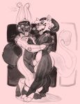 balls balls_touching bell belly black_body black_fur bodily_fluids canid canine canis clown_makeup eye_makeup fur geary genitals halo-pano heart_symbol hi_res horn hug hugging_another jackal jester_outfit jingle jingle_bell kissing looking_at_viewer male male/male mammal onomatopoeia penile penis penis_kissing penis_tip penises_touching pressed_against pressed_against_penis pressing saliva saliva_on_tongue saliva_string shiftingsands sound_effects text white_body white_fur