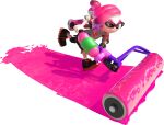  1boy 3d absurdres black_pants black_shoes colored_shoe_soles comb_over dynamic_pose eye_mask full_body glasses gradient_hair grin highres holding holding_weapon ink_tank_(splatoon) inkling inkling_boy inkling_player_character kensaki_(splatoon) looking_ahead moccasins multicolored_hair official_art orange_eyes pale_skin pants pink_hair shirt shoes short_hair short_sleeves shorts smile solo splat_roller_(splatoon) splatoon_(series) splatoon_2 spotted_hair suction_cups tentacle_hair thick_eyebrows transparent_background two-tone_hair v-shaped_eyebrows weapon 