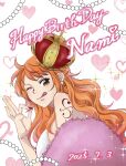  1girl ;q bare_shoulders beads birthday breasts brown_eyes character_name closed_mouth crown dated earrings from_side fur_trim happy_birthday heart heart_background highres jewelry large_breasts long_hair looking_at_viewer looking_to_the_side nagi3273 nail_polish nami_(one_piece) ok_sign one_eye_closed one_piece orange_hair pearl_earrings red_nails shoulder_tattoo solo sparkle tattoo tongue tongue_out upper_body wavy_hair 