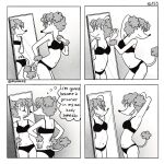 1:1 4_panel_comic anthro belly bikini bikini_bottom bikini_top bra breasts butt canid canine canis clothing comic digital_drawing_(artwork) digital_media_(artwork) dog_haus domestic_dog english_text female hi_res jillian_(dog_haus) mammal monochrome moowsiie navel panties poodle skinny swimwear tail text two-piece_swimsuit underwear wide_hips