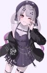  :3 ahoge black_jacket black_nails breasts dress eyeshadow grey_hair half-heart_hands hat highres jacket jewelry kyouhanemasu light_blush long_hair looking_at_viewer makeup nijisanji nijisanji_en one_eye_closed purple_eyes reimu_endou_(5th_costume) ring simple_background single_off_shoulder small_breasts thigh_strap twintails virtual_youtuber 