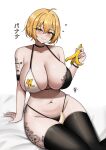  1girl absurdres ahoge arm_support arm_tattoo banana banana_peel bikini black_bikini black_choker black_thighhighs blonde_hair blush breast_tattoo breasts character_tattoo choker cleavage closed_mouth collarbone commentary english_commentary flower_tattoo food fruit groin hair_between_eyes halterneck hand_up heart highres holding holding_food holding_fruit huge_breasts leg_tattoo legs_together looking_at_viewer mole mole_on_breast multicolored_bikini multiple_tattoos navel navel_piercing original pentagram_tattoo piercing short_hair side-tie_bikini_bottom simple_background sitting smile solo swimsuit tattoo thighhighs totoro translation_request two-tone_bikini white_background white_bikini wristband yellow_eyes yukaraishin 