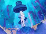  1girl absurdres air_bubble aqua_theme barcode barcode_tattoo bare_arms bare_shoulders barefoot blue_dress bubble closed_eyes closed_mouth dress electricity fetal_position floating_hair full_body gears hands_on_own_chest highres ichika_nito in_container light_bulb medium_hair noka_works one_eye_covered original own_hands_together scenery solo strapless strapless_dress tattoo underwater white_dress white_hair 