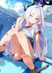  1girl ahoge arm_support barefoot black_halo black_horns black_one-piece_swimsuit blue_archive blue_sky breasts cleaning_brush cleaning_pool cloud cloudy_sky day demon_horns disembodied_hand dot_nose empty_pool fence fingernails gabuchi gym_shirt halo highres hina_(blue_archive) horns light_blush long_hair mop multiple_horns one-piece_swimsuit one_eye_closed parted_bangs parted_lips pool purple_eyes see-through_clothes see-through_shirt shirt short_sleeves sitting sky small_breasts soles solo swimsuit swimsuit_under_clothes thighs tied_shirt very_long_hair water wavy_hair wet wet_clothes white_hair white_shirt 