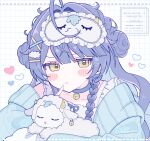  ahoge amamiya_kokoro amamiya_kokoro_(6th_costume) blue_hair blush bow grid_background hair_between_eyes hair_ornament heart highres limited_palette long_hair looking_at_viewer neko_(amamiya_kokoro) nijisanji pout sennbei_katta sleep_mask virtual_youtuber x_hair_ornament yellow_eyes 