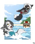 anthro apple beach bikini black_body black_fur blue_clothing blue_one-piece_swimsuit blue_swimwear breasts brown_body brown_fur canid canine cannonball_dive cheek_tuft clothed clothing cloud colored day digital_media_(artwork) diving facial_tuft fangs female ferra_(vixen_logic) flat_chested flat_colors food fox foxboy83 fruit fur grey_body grey_fur grey_hair group hair hi_res long_hair mammal marble_(vixen_logic) marble_fox midriff one-piece_swimsuit open_mouth orange_eyes outside partially_submerged plant red_bikini red_bikini_bottom red_bikini_top red_clothing red_fox red_swimwear sand screaming sea short_hair silver_(vixen_logic) silver_fox sky smile swimwear tail teeth tibetan_sand_fox tied_hair tongue tootaloo tree trio true_fox tuft two-piece_swimsuit vixen_logic water white_body white_fur white_hair yellow_eyes