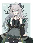  1girl :o absurdres ahoge animal_ears arknights black_camisole black_ribbon black_thighhighs blush border breasts camisole chinese_commentary cleavage collarbone commentary_request cowboy_shot english_commentary green_background grey_hair hair_between_eyes hair_ribbon highres ice_orange_lovegg infection_monitor_(arknights) long_hair long_sleeves looking_at_viewer mint_(arknights) mixed-language_commentary open_mouth outside_border partial_commentary ribbon simple_background small_breasts standing thighhighs white_border 
