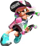  1girl 3d absurdres bare_arms baseball_cap bike_shorts blue_shoes dynamic_pose eye_mask full_body gradient_hair grin hat highres holding holding_weapon ink_tank_(splatoon) inkling inkling_girl inkling_player_character miniskirt multicolored_hair official_art orange_eyes paint_splatter paint_splatter_on_face pink_hair red_skirt shoes short_eyebrows short_hair sidelocks skirt smile sneakers solo splat_dualies_(splatoon) splatoon_(series) splatoon_2 spotted_hair suction_cups surume_(splatoon) tan tank_top tentacle_hair thick_eyebrows transparent_background two-tone_hair v-shaped_eyebrows weapon white_tank_top 