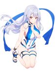 1girl absurdres ass bare_shoulders blue_one-piece_swimsuit blush breasts fate/grand_order fate_(series) highleg highleg_one-piece_swimsuit highres large_breasts long_hair looking_at_viewer one-piece_swimsuit red_eyes smile solo swimsuit tohoho_(hoshinoyami) tomoe_gozen_(fate) tomoe_gozen_(swimsuit_saber)_(first_ascension)_(fate) white_hair white_one-piece_swimsuit 