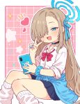  1girl aged_down alternate_breast_size asuna_(blue_archive) asuna_(school_uniform)_(blue_archive) black_choker blue_archive blue_eyes blue_halo blue_jacket blue_nails blue_scrunchie blue_skirt bow bowtie brown_hair cellphone choker clothes_around_waist flat_chest gyaru hair_over_one_eye halo heart holding holding_phone jacket jacket_around_waist long_hair loose_bowtie loose_socks miniskirt nail_polish official_alternate_costume onyhakase open_mouth phone pink_background pleated_skirt red_bow red_bowtie scrunchie shirt skirt smartphone socks solo v very_long_hair white_shirt white_socks wrist_scrunchie 