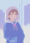  1other :d ^_^ anime_coloring backlighting blue_jacket blue_shirt blue_sky brown_hair building closed_eyes commentary_request cosplay drawstring facing_viewer film_grain frisk_(undertale) grin hair_between_eyes hands_in_pockets highres hood hood_up hooded_jacket jacket naoki_(oosuko) other_focus outdoors partially_unzipped pink_shirt pixie_cut pocket rain sans_(undertale) sans_(undertale)_(cosplay) shirt short_hair sky skyscraper smile solo striped_clothes striped_shirt two-tone_shirt undertale upper_body white_hood 