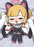  1girl 1other :3 animal_ear_headphones animal_ears aqua_necktie artist_request bed_sheet black_skirt black_thighhighs blonde_hair blue_archive blush bow buttons cat_ear_headphones cat_ears chibi closed_eyes facing_viewer fake_animal_ears full_body hair_bow halo headphones holding_another&#039;s_wrist jacket knees_together_feet_apart low-tied_sidelocks lying momoi_(blue_archive) necktie on_back on_bed open_clothes open_jacket open_mouth parted_bangs pink_bow pink_halo pink_shoes pleated_skirt pov pov_hands raised_inner_eyebrows sechi_(sechihyeo)_(style) shirt shoes sidelocks skirt solo_focus suspender_skirt suspenders sweat thighhighs third-party_source white_jacket white_shirt zettai_ryouiki 