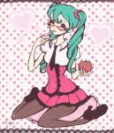  1girl alternate_costume apple aqua_hair blush border breasts corset eyelashes fingernails food fruit glasses hair_ornament hair_scrunchie hatsune_miku heart high_heels highres holding holding_food holding_fruit lace lace_border lilitafaery long_fingernails long_hair miniskirt necktie ornate_border pale_skin pantyhose pillow pink_corset pink_lips ringlets scrunchie shirt sitting skirt solo twintails vocaloid wariza 