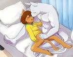  anthro bed blush bottomless brown_hair canine cat clothed clothing cub duo eyes_closed feline fondling gay hair half-dressed hindpaw hoodie kemono kissing male mammal manmosu_marimo navel nipples nude open_mouth paws pillow saliva size_difference tongue wolf young 