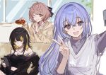  3girls :d ;q black_hair blonde_hair brown_eyes brown_hair brown_hoodie cellphone collarbone colored_inner_hair cometik_(idolmaster) commentary donut expressionless fake_halo finger_to_mouth food halo highres holding holding_donut holding_food holding_phone hood hoodie idolmaster idolmaster_shiny_colors ikaruga_luca ikuta_haruki jewelry long_hair medium_hair midriff multicolored_hair multiple_girls navel necklace off_shoulder one_eye_closed open_mouth phone prank purple_eyes purple_hair purple_shirt raychelsoo selfie shirt short_hair smartphone smile strap_slip streaked_hair suzuki_hana sweater_vest teeth tongue tongue_out upper_teeth_only v white_sweater_vest 