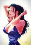  1girl adjusting_hair black_hair blue_dress blue_eyes breasts cleavage closed_mouth commentary dress eyelashes highres large_breasts narrow_waist nico_robin one_piece oregano551 ponytail sidelocks solo 
