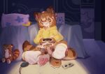 2023 accessory anthro bed bedroom biped bottomless brown_ear_tips brown_hair brown_markings canid canine chinese_description clothed clothing colored computer_mouse controller countershade_face countershade_feet countershade_hands countershade_neck countershading dipstick_ears door drawstring_hoodie ear_markings eyewear feet female furniture glasses hair hair_accessory hi_res highlights_(coloring) holding_controller holding_object leaf legwear looking_at_viewer mammal markings multicolored_ears open_mouth open_smile pawpads petals pillow pink_inner_ear pink_pawpads plushie potatotanuki_(potatoximon) raccoon_dog shaded sitting sitting_on_ground smile solo spread_legs spreading stripes tanuki unknown_artist white_highlights