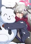  1girl :d absurdres animal_ears black_pantyhose blue_archive blush coat grey_hair hair_ornament halo highres hiroikara_(smhong04) long_hair long_sleeves looking_at_viewer michiru_(blue_archive) open_mouth pantyhose pink_halo raccoon_ears raccoon_girl raccoon_hair_ornament raccoon_tail red_scarf scarf short_eyebrows sitting skirt sleeves_past_wrists smile snow snowman solo tail 