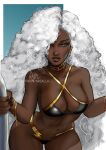  1girl arialla_draws bikini blue_eyes breasts dark-skinned_female dark_skin earrings highres jewelry large_breasts lightning_bolt_symbol long_hair looking_at_viewer marvel smile solo storm_(x-men) swimsuit very_dark_skin white_hair x-men 