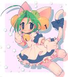  1girl :3 ahoge animal_hat apron bell blue_dress bow cat_hat cat_tail commentary curtained_hair dejiko di_gi_charat dress drop_shadow english_commentary green_eyes green_hair hat highres jingle_bell lyn_mametchi mittens neck_bell no_nose solo tail tail_bow tail_ornament white_apron white_mittens 