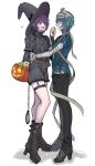  2boys 2n5 absurdres androgynous apple bad_id bad_twitter_id bandaged_head bandages bat_(animal) belt black_dress black_hat blue_hair brown_belt colored_skin commentary cosplay dress food frankenstein frankenstein&#039;s_monster frankenstein&#039;s_monster_(cosplay) fruit green_apple grey_skin halloween_bucket halloween_costume hat highres jack-o&#039;-lantern juliet_sleeves long_sleeves looking_at_another male_focus multiple_boys object_through_head one_eye_closed open_mouth original puffy_sleeves pumpkin purple_eyes purple_hair screw_in_head shirt short_hair stitches symbol-only_commentary torn_clothes torn_shirt trap witch_hat yellow_eyes 