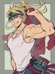  1boy bare_arms black_headband blonde_hair blue_eyes border fate/grand_order fate_(series) green_background grin headband holding holding_jacket holding_unworn_clothes jacket looking_at_viewer male_focus muscular muscular_male official_alternate_costume official_alternate_hairstyle pectorals ponytail sakata_kintoki_(exhibition_attire)_(fate) sakata_kintoki_(fate) sakata_kintoki_(heian_warrior_attire)_(fate) sidepec simple_background smile solo tank_top unworn_jacket veins veiny_arms white_tank_top zanshi 