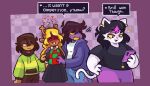 2025 anthro black_hair blonde_hair brown_hair catti_(deltarune) deer deltarune domestic_cat electronics felid feline felis female fur group hair human kris_(deltarune) male mammal new_world_deer noelle_holiday phone purple_background reindeer scalie simple_background stephsartlab susie_(deltarune) text undertale_(series) white_body white_fur
