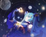  1girl bare_shoulders blue_dress blue_eyes blue_gloves blue_hair bow choker constellation detached_sleeves dress fingerless_gloves frills gloves hair_between_eyes hair_ornament hair_ribbon hatsune_miku highres holding long_hair looking_to_the_side lying on_back open_mouth planet ribbon ribbon_choker snowflake_hair_ornament solo space star_(sky) star_(symbol) star_hair_ornament starry_sky_background starry_sky_print striped_ribbon theazureciel twintails vocaloid yuki_miku yuki_miku_(2017) 