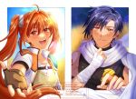  1boy 1girl antenna_hair armor bandaged_arm bandages black_hair double-parted_bangs eiyuu_densetsu english_commentary english_text estelle_bright fingerless_gloves floating_hair gloves hair_between_eyes highres joshua_bright katarina_neko long_hair mullet open_mouth outdoors parted_bangs pauldrons red_eyes scarf short_hair shoulder_armor single_pauldron smile sora_no_kiseki twintails watermark wheat wheat_field white_scarf yellow_eyes 